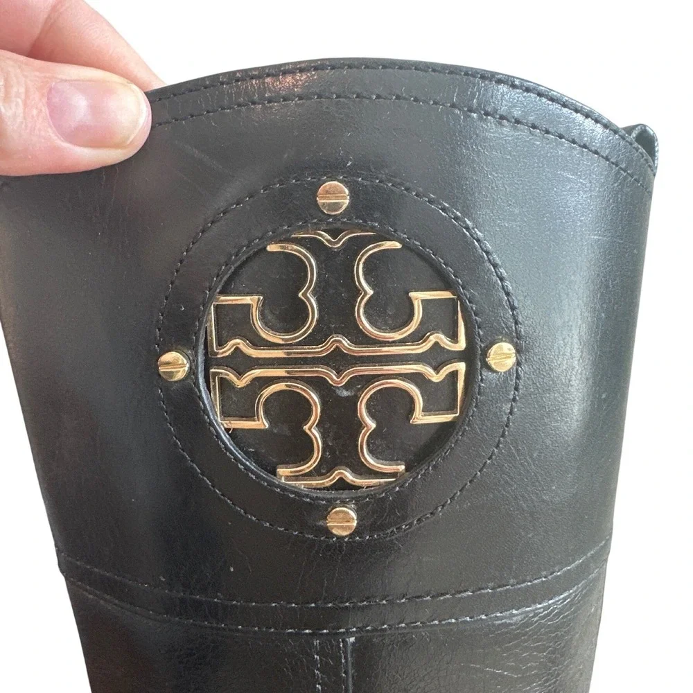 Tory Burch Kiernan Black Leather Riding Boots Gold Logo Knee High 7